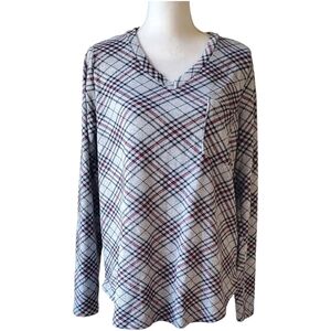 Perfect Peach Gray And Black Plaid V-neck Long Sleeve Women's Top Size L